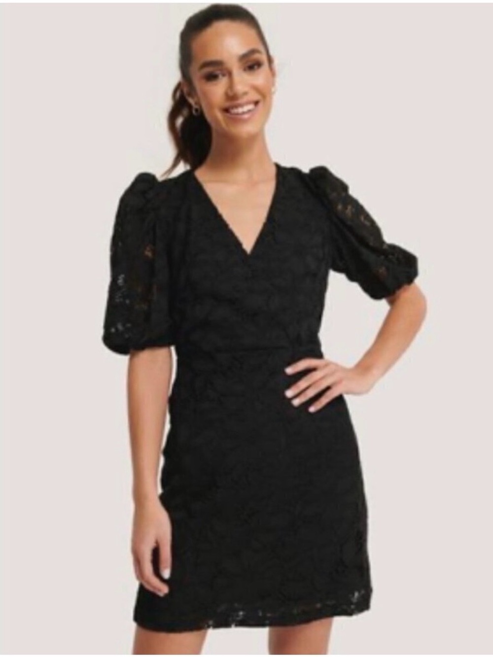 Mango Katri Puff‎ Sleeve V-Neck Floral Lace Overlay Mini Dress Party Vacation 4